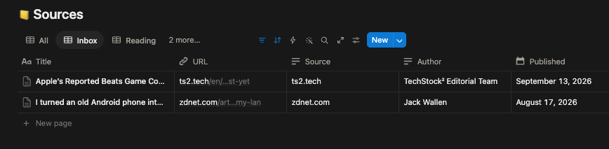 Research Source Library Inbox view listing captured articles and reports with their author, source and capture date