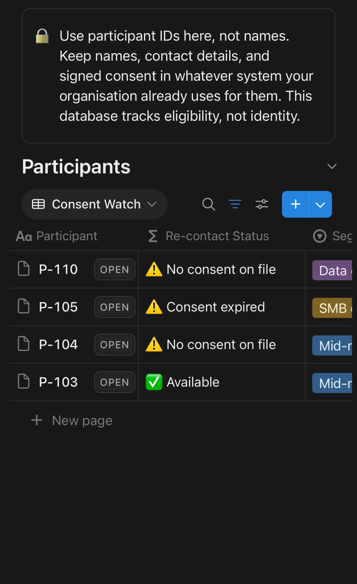 Participants database on mobile showing consent and re-contact status for each participant